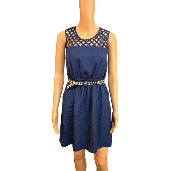 Sequin Hearts Dresses & Skirts - Sequin Hearts navy blue sleeveless dress with belt Medium